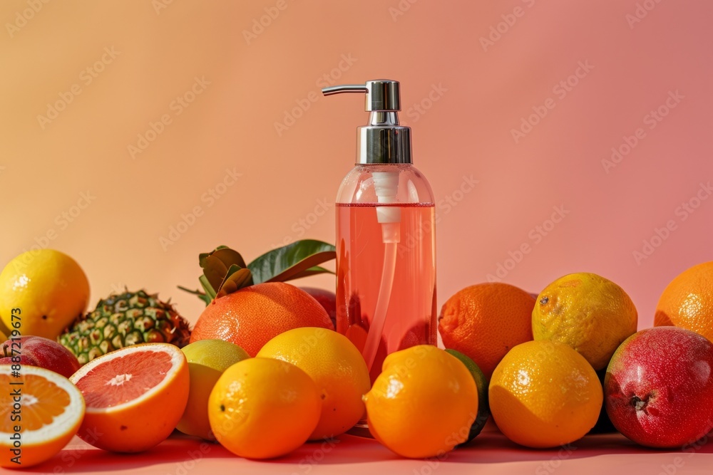 A clear pump bottle filled with pink liquid sits in front of a colorful arrangement of citrus fruits, including lemons, oranges, grapefruits, and a pineapple, copy space A clear pump bottle filled with pink liquid sits in front of a colorful arrangement of citrus fruits, including lemons, oranges, grapefruits, and a pineapple, copy space