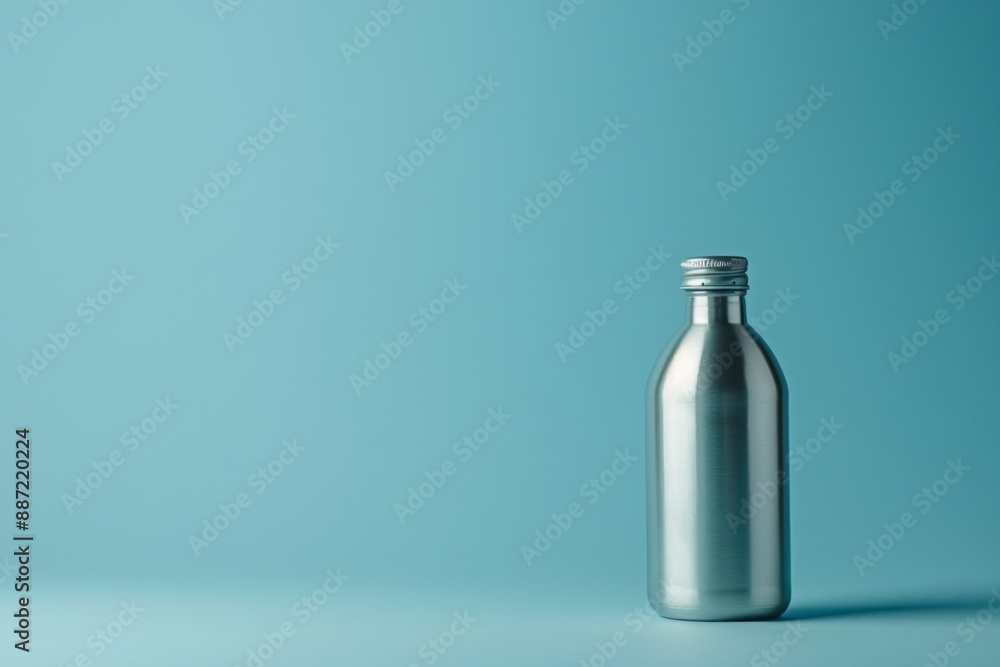 A silver metal jar with a cap stands against a blue background, copy space A silver metal jar with a cap stands against a blue background, copy space
