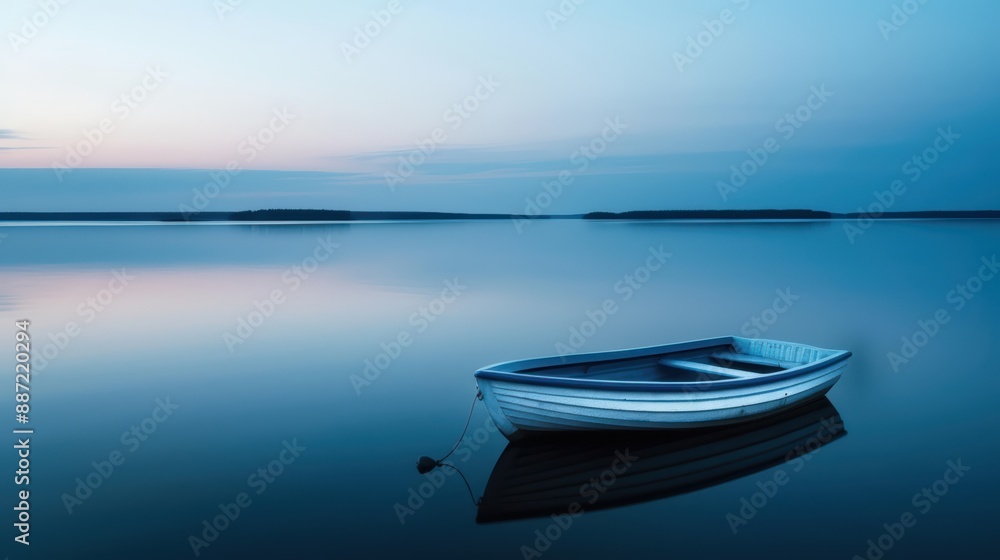 Tranquil Evening Lake Scene with a Lone Rowboat Floating on Calm Waters at Sunset Tranquil Evening Lake Scene with a Lone Rowboat Floating on Calm Waters at Sunset