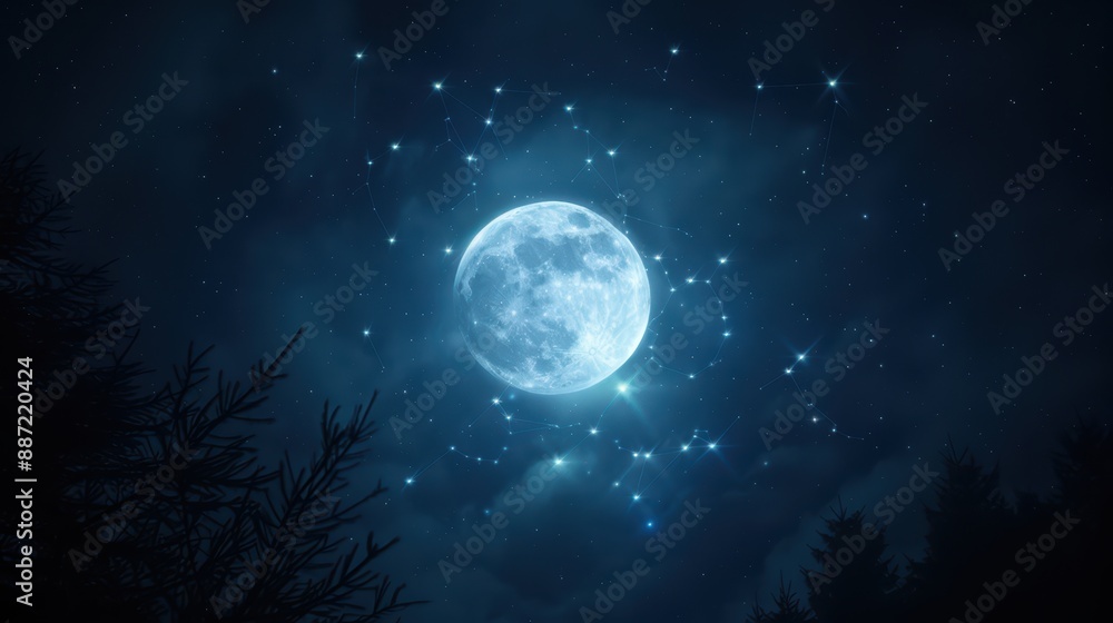 Full Moon Illuminating Night Sky with Constellations and Silhouetted Trees in Foreground Full Moon Illuminating Night Sky with Constellations and Silhouetted Trees in Foreground