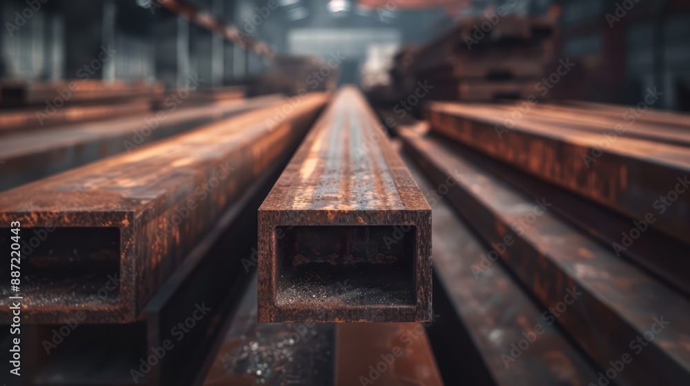 Close-Up of Rusty Metal Beams in Industrial Warehouse with Soft Focus Background Close-Up of Rusty Metal Beams in Industrial Warehouse with Soft Focus Background