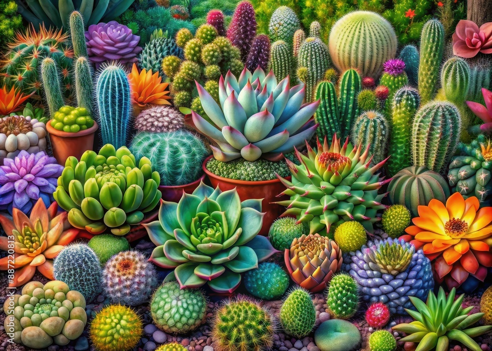 Vibrant illustration showcases diverse range of ten unique succulents and cacti, each displaying distinct shapes, textures, and forms, celebrating botanical diversity and natural beauty. Vibrant illustration showcases diverse range of ten unique succulents and cacti, each displaying distinct shapes, textures, and forms, celebrating botanical diversity and natural beauty.