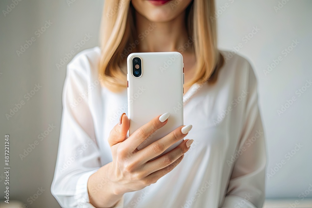 Minimalistic still life of a white phone in a woman's hand. White cover of mobile for mockup background. Minimalistic still life of a white phone in a woman's hand. White cover of mobile for mockup background.