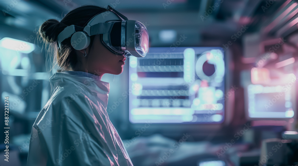 A woman wearing a white lab coat and goggles is looking at a computer screen. The computer screen is displaying a virtual reality simulation. The woman is focused and engaged in the simulation A woman wearing a white lab coat and goggles is looking at a computer screen. The computer screen is displaying a virtual reality simulation. The woman is focused and engaged in the simulation