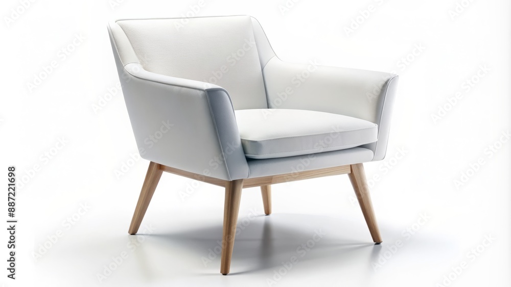 Minimalist designer armchair featuring a crisp white fabric seat and slender light wood legs on a pure white backdrop. Minimalist designer armchair featuring a crisp white fabric seat and slender light wood legs on a pure white backdrop.