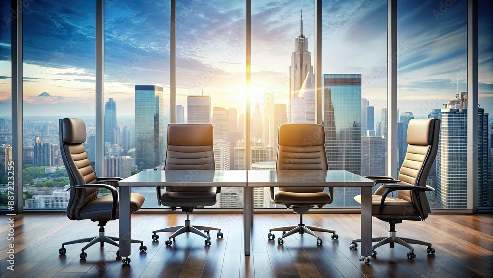 Fototapeta premium A modern office background with a desk, chairs, and a blurred cityscape outside, focusing on two clasped hands symbolizing partnership and success.