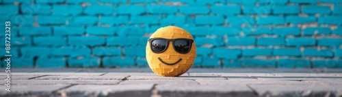 A cute yellow emoji plush toy wearing black sunglasses against a vibrant blue brick wall background on a wooden surface. photo