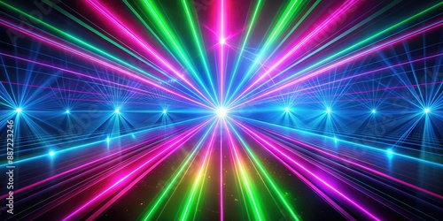 Vibrant glowing laser beam rays radiate from center in neon hues of pink, green, and blue, casting a futuristic retro 80s 90s inspired background. photo