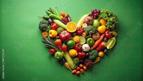Fototapeta Naklejka Na Ścianę i Meble -  Colorful fruits and vegetables arranged with heart-themed card on green background, assortment, fruits, vegetables, heart