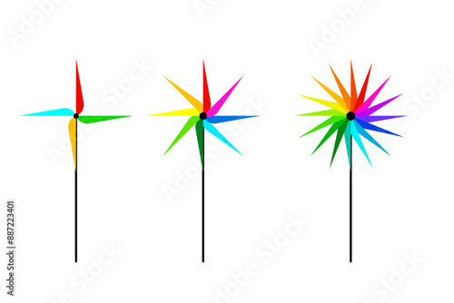 Colorful pinwheel icon. Rainbow windmill vector. Bright toy symbol. Vibrant rotating fan.