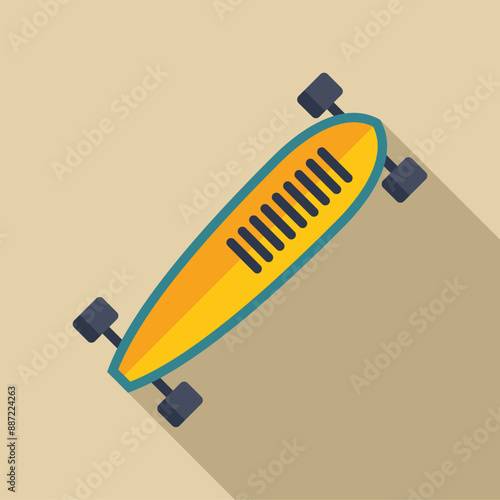 Longboard with black wheels standing on pavement casting long shadow