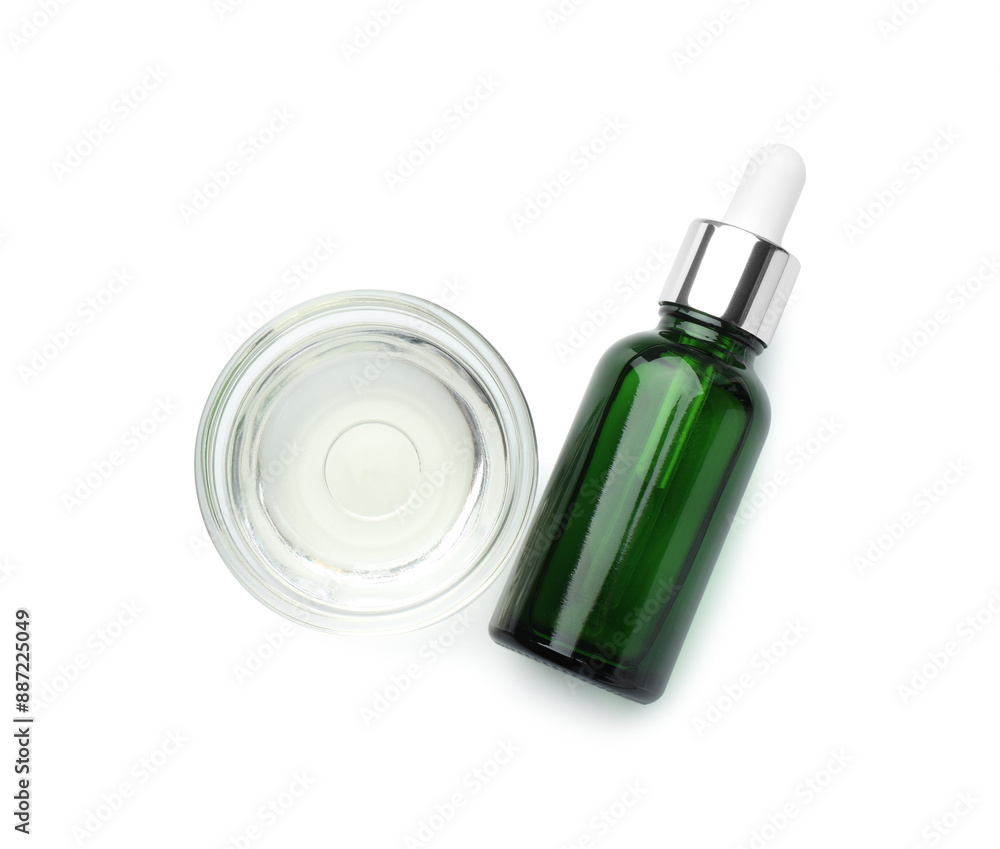 Bottle of chemical peel and bowl with liquid isolated on white, top view. Peeling procedure Bottle of chemical peel and bowl with liquid isolated on white, top view. Peeling procedure