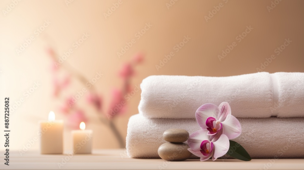 White towels are stacked on a table with a pink orchid flower and two spa stones in front, copy space White towels are stacked on a table with a pink orchid flower and two spa stones in front, copy space