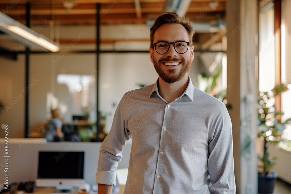 Young professional is grinning in a bustling contemporary workspace with his hands in his pockets Young professional is grinning in a bustling contemporary workspace with his hands in his pockets