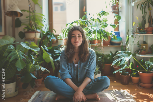 Young woman surrounded by various houseplants sits on the floor of her apartment