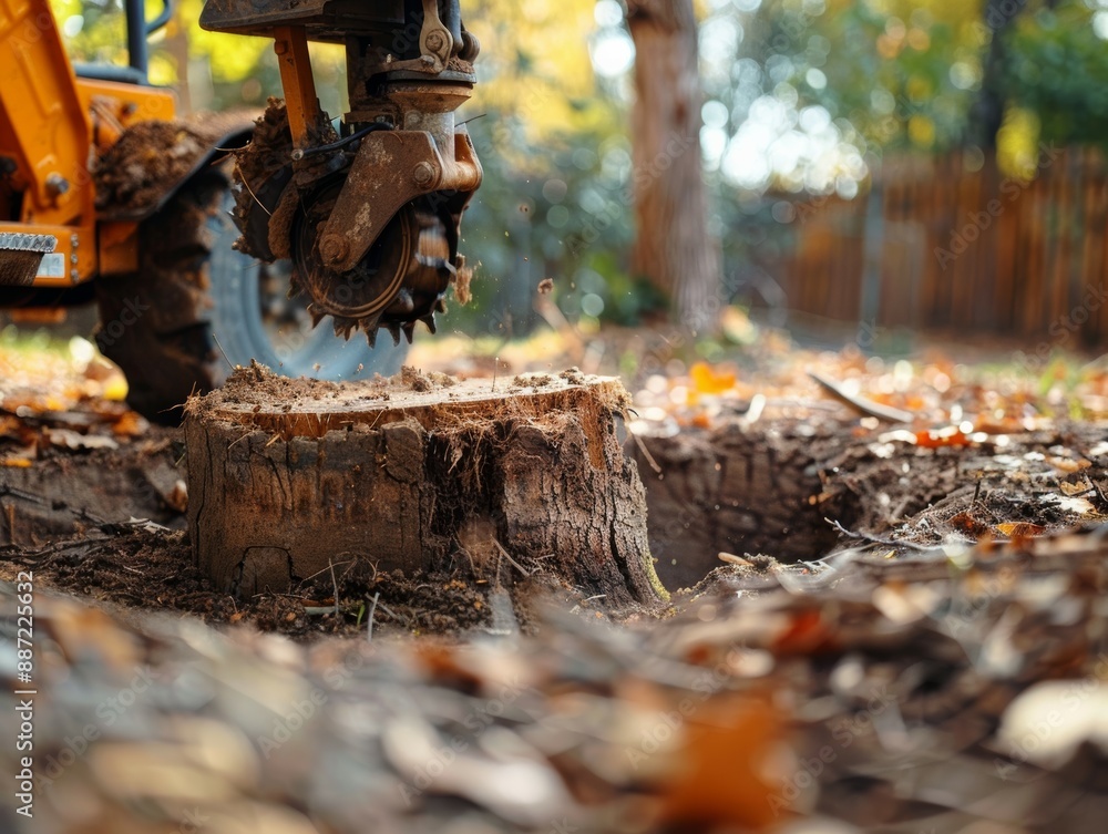 A close-up of a stump grinder removing a tree stump in a yard. The ...