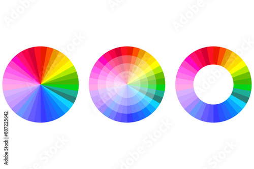 Three colorful circular charts on a white background. Vivid spectrum gradient wheels. Suitable for design and educational purposes.