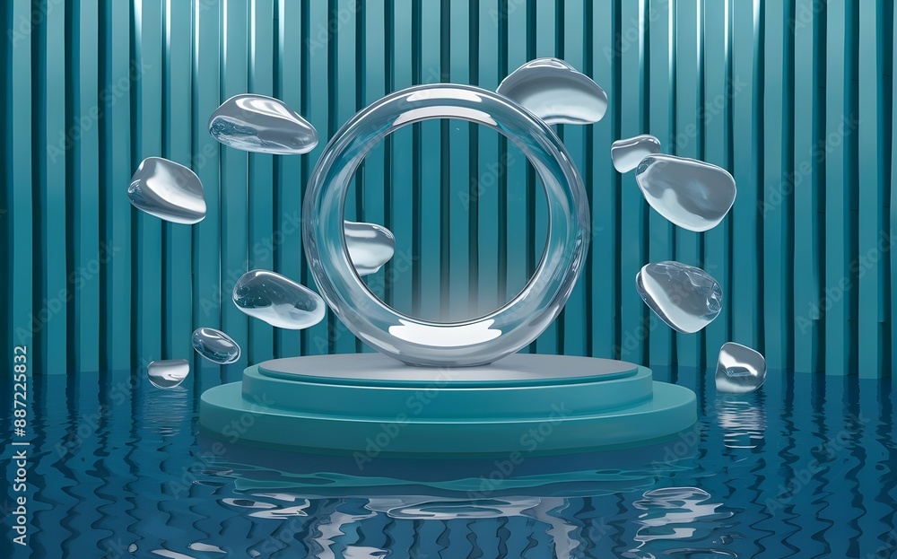 Aqua Elegance Podium: A refined glass podium set on a calm blue water surface, with abstract 3D forms creating a sophisticated and elegant product showcase.