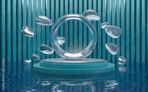 Obraz na płótnie Aqua Elegance Podium: A refined glass podium set on a calm blue water surface, with abstract 3D forms creating a sophisticated and elegant product showcase. w salonie