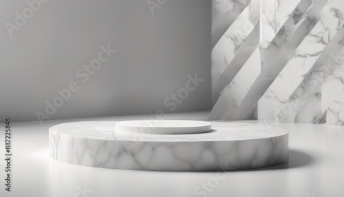 3d rendering geometric forms. Blank podium display in white marble color