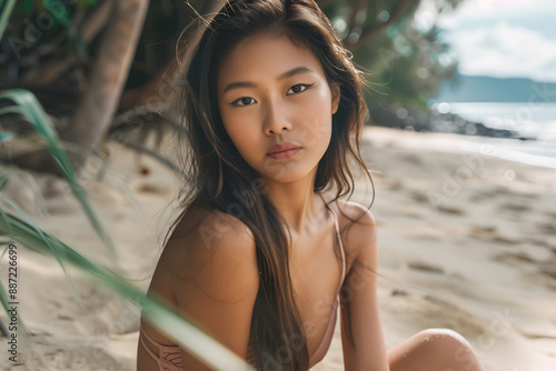 Beautiful young asian woman is posing on a tropical beach, enjoying the warm sun and gentle breeze