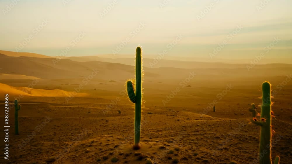 Solitary Cactus in Golden Desert Landscape Solitary Cactus in Golden Desert Landscape