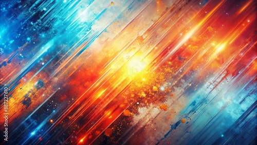 Vibrant gradient light with glitch overlay on abstract background featuring colorful glowing blue, white, orange, and red blurred textures with scratched muddy surface.