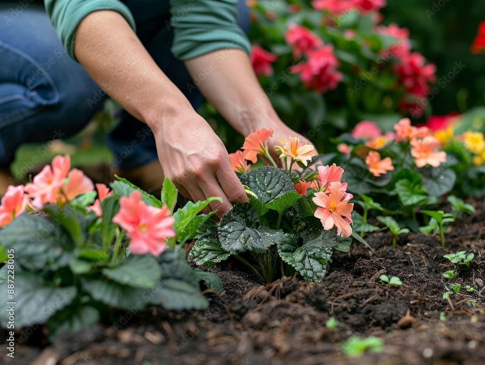 Close up of a gardener's hands tending to a row of pink flowers in a garden. Close up of a gardener's hands tending to a row of pink flowers in a garden.