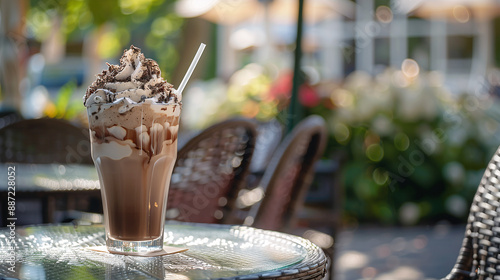 an iced mocha, topped with whipped cream and chocolate shavings, served in a tall glass with a paper straw, on a café table with a cozy, outdoor setting