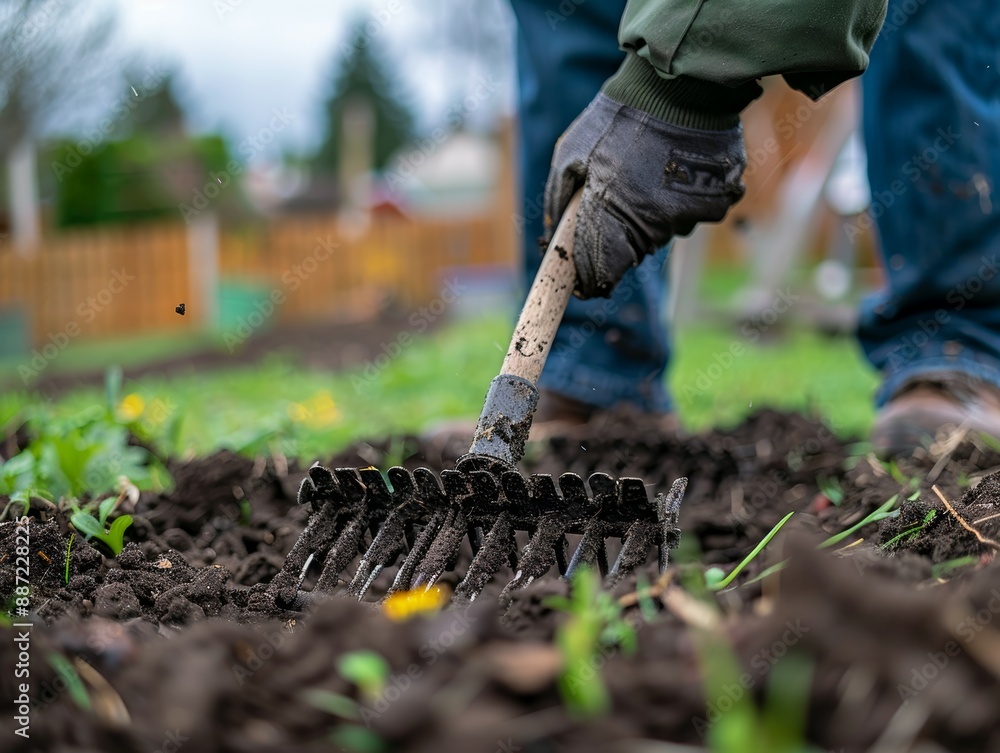 Fototapeta premium Close-up of a gardener's hand using a rake to prepare soil for planting.