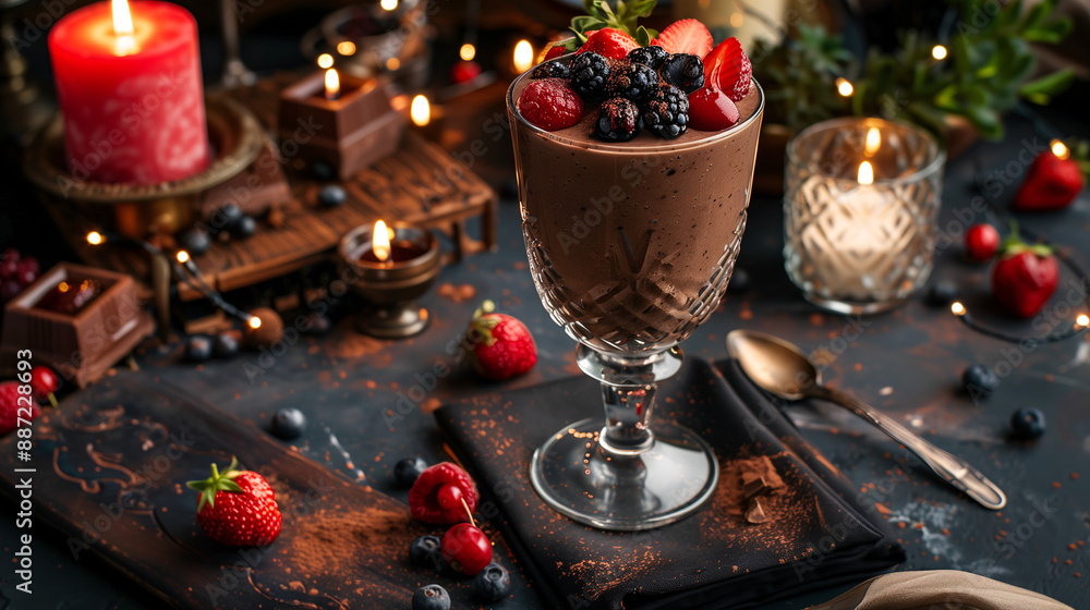 dessert scene with a chocolate and berry smoothie, topped with fresh berries and a sprinkle of cocoa powder, served in a wine glass, set on a chic dining table with candles and elegant tableware dessert scene with a chocolate and berry smoothie, topped with fresh berries and a sprinkle of cocoa powder, served in a wine glass, set on a chic dining table with candles and elegant tableware