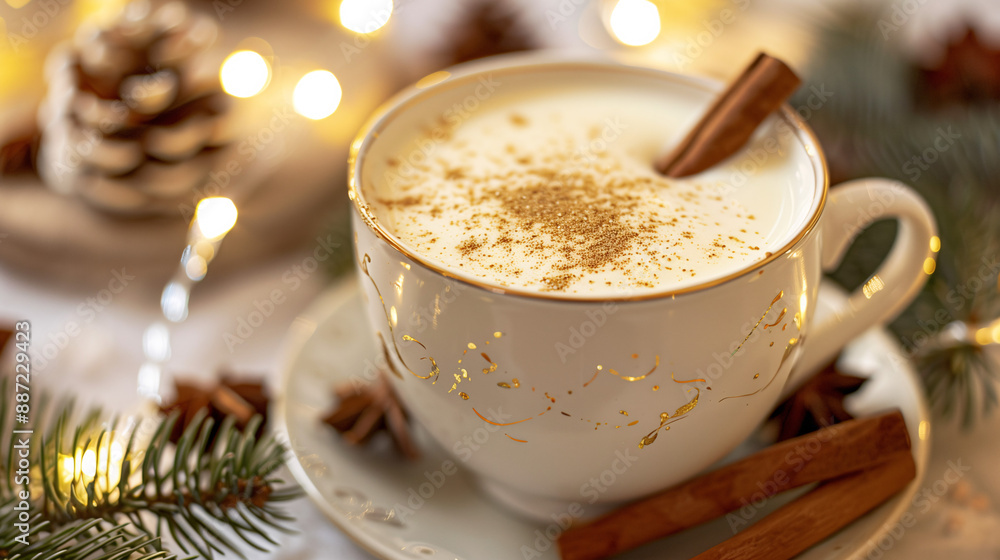 a cup of eggnog, garnished with a sprinkle of nutmeg and a cinnamon stick, set on a holiday-themed table with twinkling lights and evergreen sprigs a cup of eggnog, garnished with a sprinkle of nutmeg and a cinnamon stick, set on a holiday-themed table with twinkling lights and evergreen sprigs