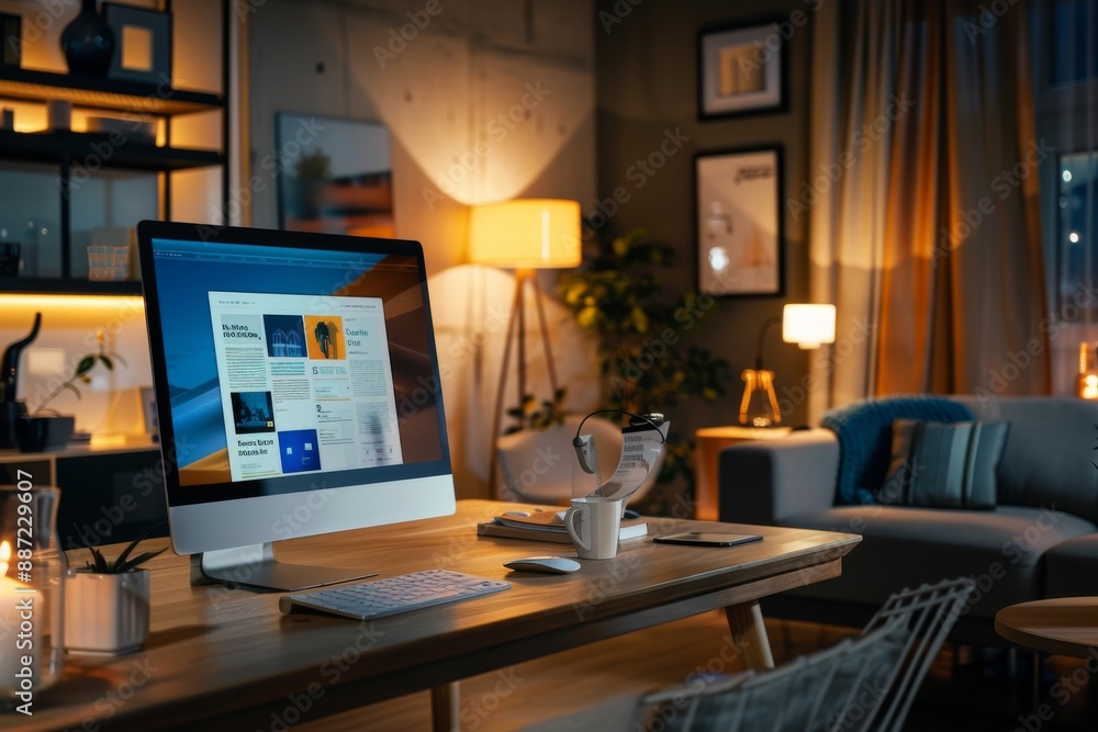 Cozy Living Room with a Desktop Computer on a Wooden Table Displaying Latest News Pages, Set Against Warm Evening Lighting in an Open Studio Space, Perfect for Relaxed Reading and Work. Cozy Living Room with a Desktop Computer on a Wooden Table Displaying Latest News Pages, Set Against Warm Evening Lighting in an Open Studio Space, Perfect for Relaxed Reading and Work.