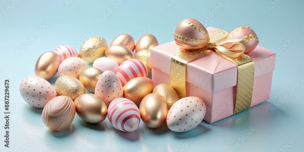 Obraz premium Pastel pink and gold decorative Easter eggs overflowing from a luxurious gift box on a soft light blue background, perfect for spring celebrations and festive occasions.