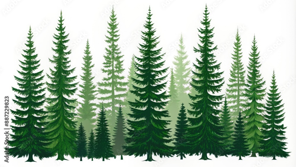 Silhouettes of majestic pine trees, evergreen forest firs and spruces, form a minimalist woodland scene as black shapes on a crisp white background, perfect for templates. Silhouettes of majestic pine trees, evergreen forest firs and spruces, form a minimalist woodland scene as black shapes on a crisp white background, perfect for templates.