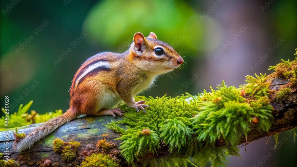 A solitary, vigilant high perch chipmunk sits atop a lush, moss-covered branch, surveying its forest surroundings with cautionary gaze. A solitary, vigilant high perch chipmunk sits atop a lush, moss-covered branch, surveying its forest surroundings with cautionary gaze.