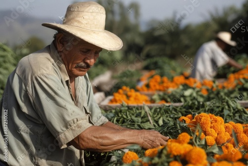 Cleaning graves for Dia De Los Muertos, families tidying and decorating with marigold flowers and candles, cultural tradition, serene atmosphere, watercolor style, highly detailed © AbsoluteAI