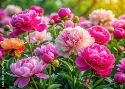 Vibrant peony flowers bloom in lush, textured flowerbeds, set against a soft, floral backdrop, evoking a serene and idyllic spring atmosphere with stunning photorealistic detail.