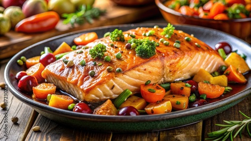 Freshly baked salmon fillet smothered in a rich maple glaze served alongside a colorful medley of roasted vegetables, creating a sweet and savory culinary masterpiece.