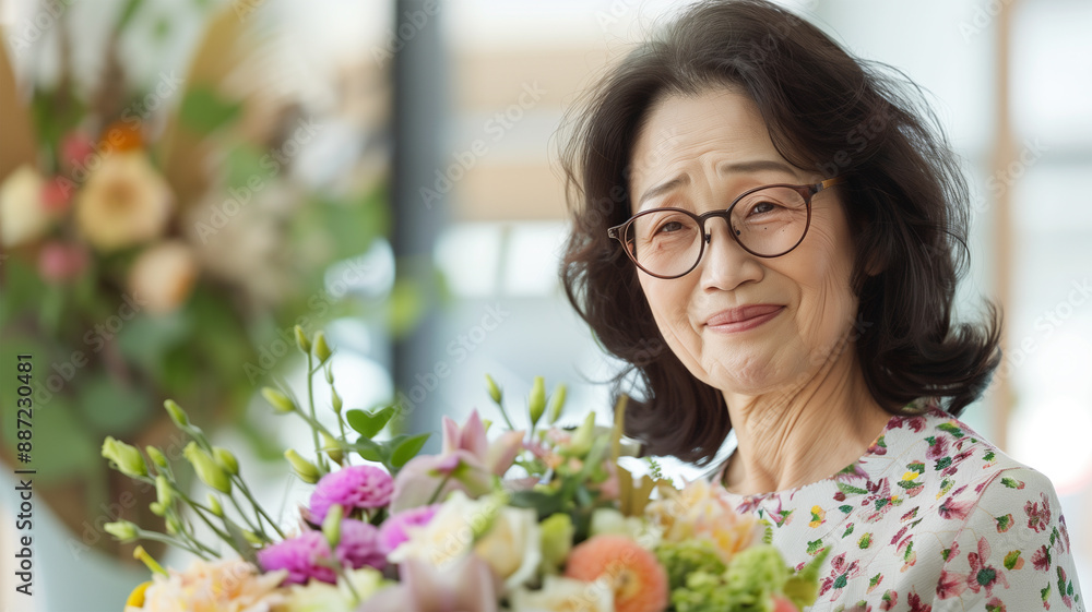 退職祝いで花束を受け取る日本人ビジネスウーマン 退職祝いで花束を受け取る日本人ビジネスウーマン
