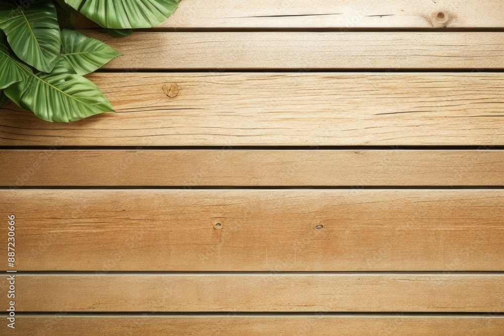Empty wooden wall with green leaves Empty wooden wall with green leaves