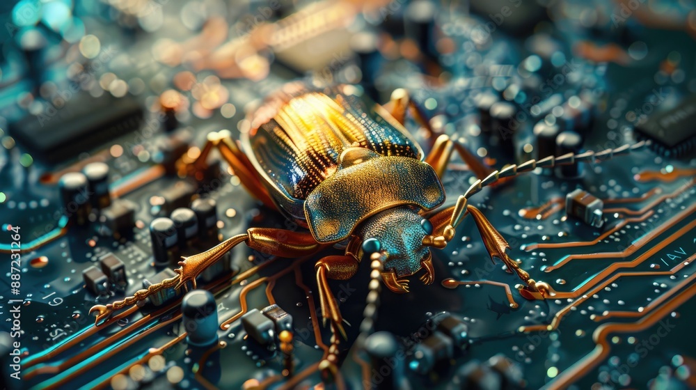 Insect on computer circuit board with memory issues Representation of system malfunction on dark backdrop Insect on computer circuit board with memory issues Representation of system malfunction on dark backdrop