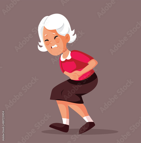Elderly Woman Feeling Pain in her Stomach Vector Illustration. Senior lady feeling excruciating abdominal ache
