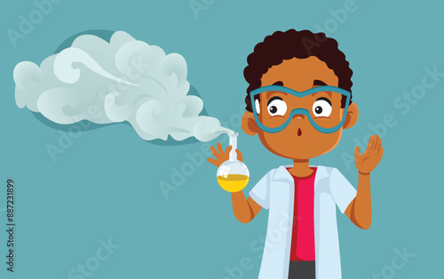 Student Boy Failing in Chemistry Experiment Vector Cartoon illustration. Kid experimenting with dangerous substances at school
