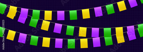 Bunting flags, carnival party flags, Mardi Gras festive pennants hanging on a rope. Festival vector decoration.
