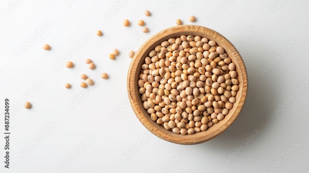 Top View of Soybean Seeds in Wooden Bowl on White Background Top View of Soybean Seeds in Wooden Bowl on White Background