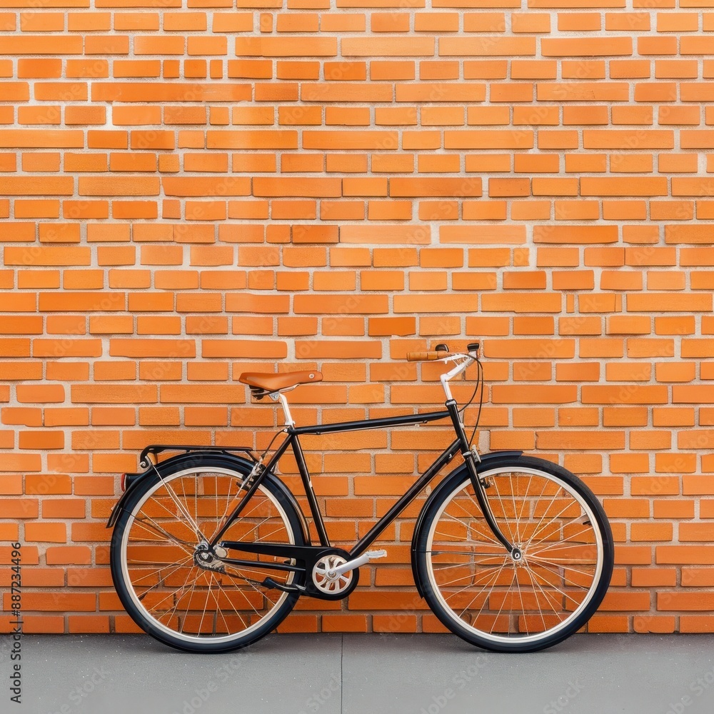 A classic black bicycle leans against a red brick wall. The bike has a brown leather seat and black tires. A classic black bicycle leans against a red brick wall. The bike has a brown leather seat and black tires.