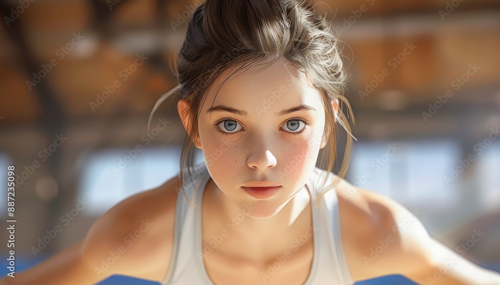 Focused young girl in sportswear exercising indoors. Bright daylight illuminating gym background. Determination and fitness concept. Focused young girl in sportswear exercising indoors. Bright daylight illuminating gym background. Determination and fitness concept.