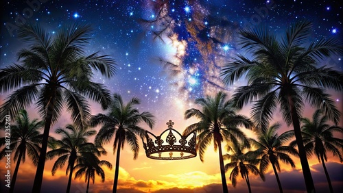 Crown of palm trees silhouetted against a bright magical starry sky, palm trees, crowns, bright, magical, starry sky