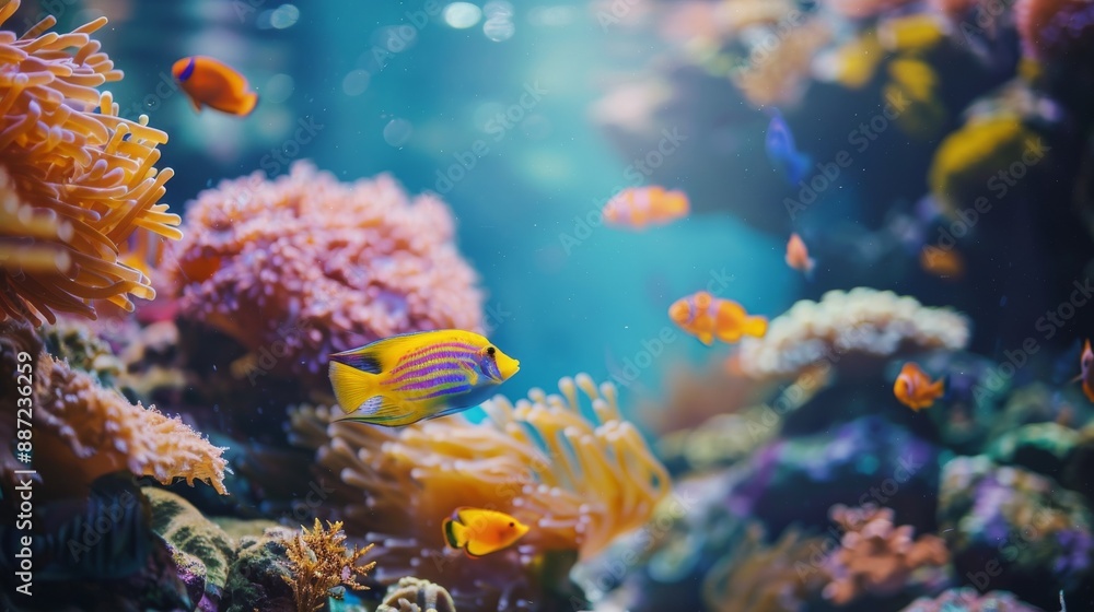 Naklejka premium tropical aquarium, vibrant coral reefs, colorful fish swimming